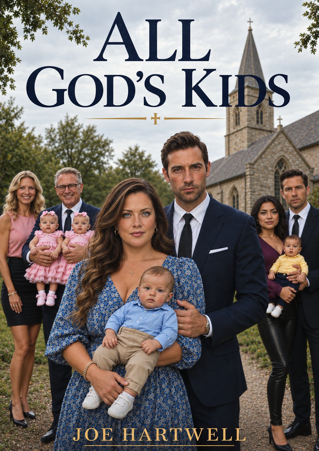 Cover of All God’s Kids by Joe Hartwell: three couples with their babies standing outside a stone church on a grey afternoon.